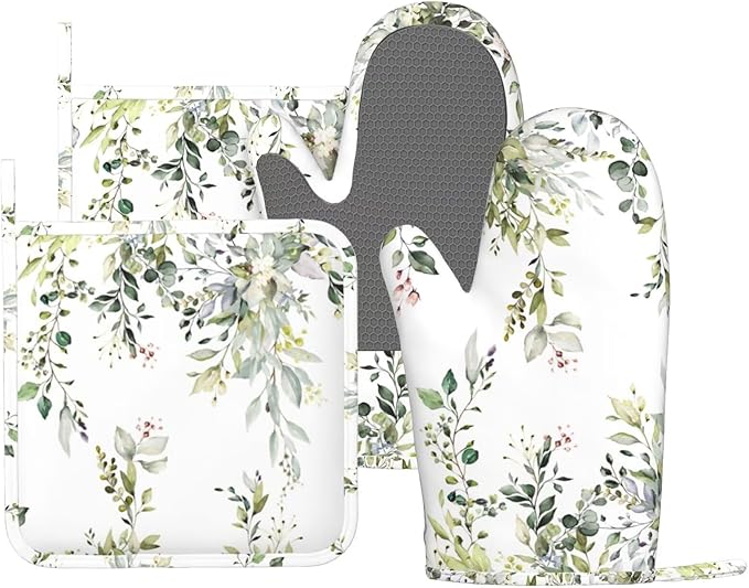 Sage Green Eucalyptus Oven Mitts and Pot Holders Sets Silicone Watercolor by MIFSOIAVV