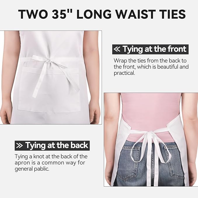 NLUS 2 Pack White Aprons with 2 Pockets - Image 5