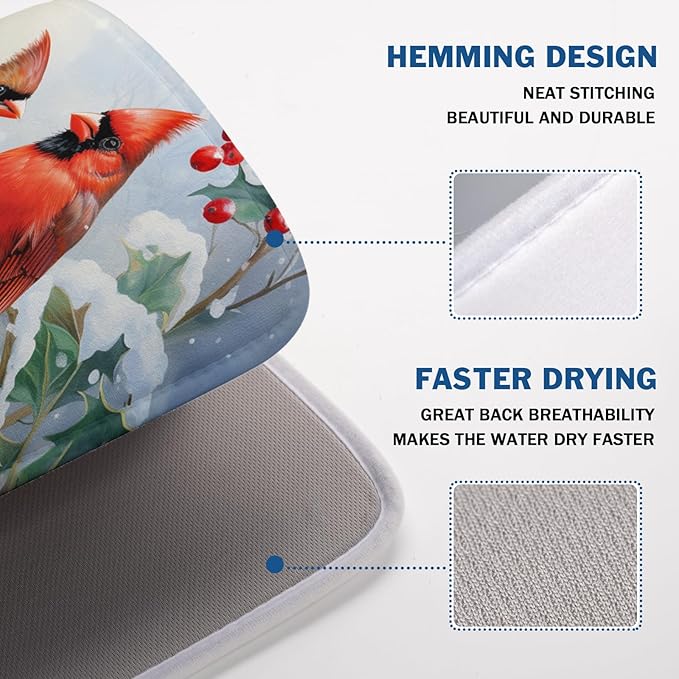 Winter Cardinal Birds Dish Drying Mat, Holly Berry Branches Dish Drying Mat - Image 4