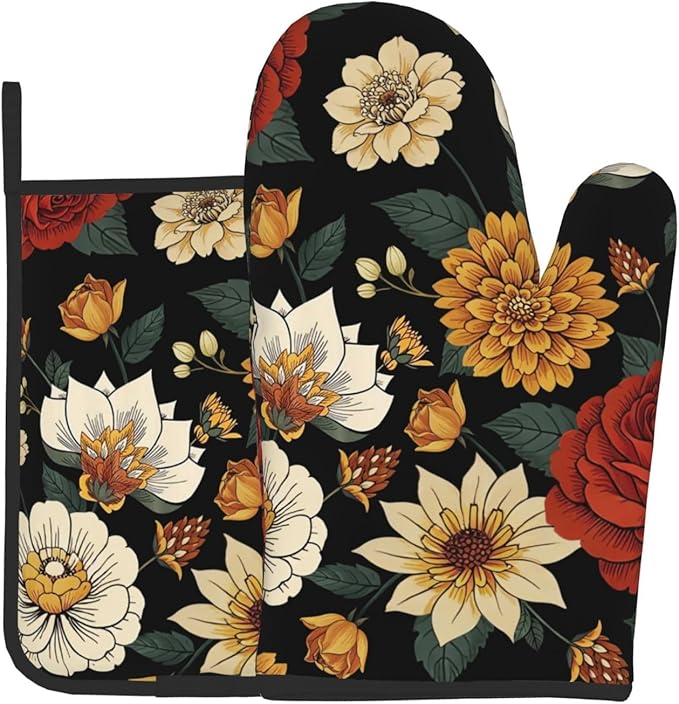 Boho Floral Oven Mitts and Pot Holders Sets of 2 Vintage Kitchen Mitts Bohemian by DZGlobal