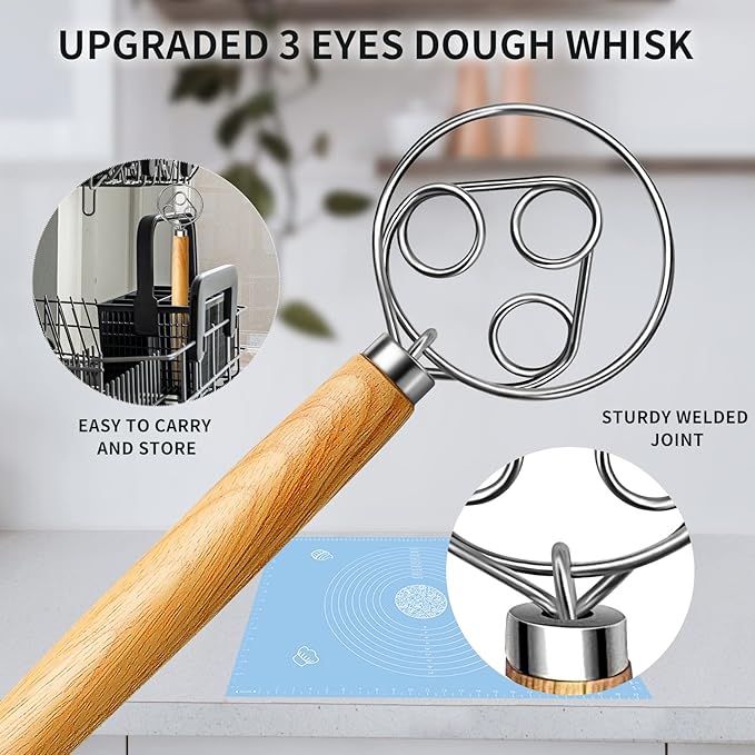 TEEVEA Danish Dough Whisk for Bread Sourdough, Wooden Handle & Stainless Steel - Image 2