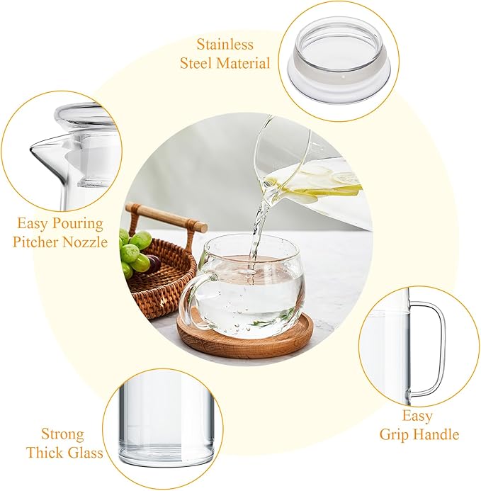 Hsei 2 Sets Glass Pitcher with Lid, 50 oz / 1500 ml Water Carafe with Handles - Image 3
