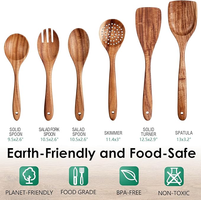HOWHONG Wooden Spoons for Cooking, Teak Wood Kitchen Utensil Set, Premium - Image 2