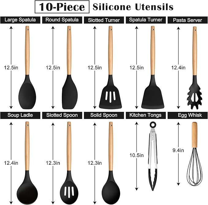 E-far Silicone Cooking Utensils Set, 10-Piece Black Kitchen Utensils Set - Image 2
