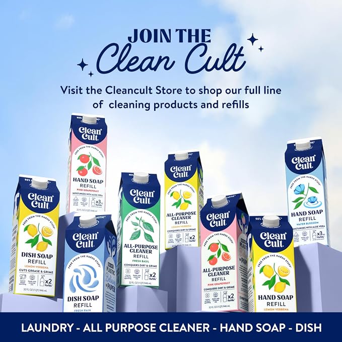 Cleancult Dish Soap Liquid Refills - Plant Based Cleaning Power - Cuts Grease & Grime - Free of Harsh Chemicals - Uses 90% Less Plastic - Mountain Eucalyptus - 32 oz/3 Pack
