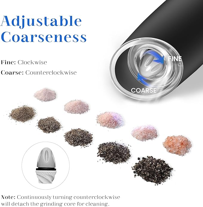 UNNEES Rechargeable Electric Salt and Pepper Grinder Set, Gravity Activated - Image 5