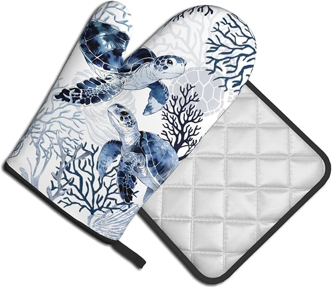 Coastal Oven Mitts and Pot Holders Sets of 2 Summer Kitchen Mitts Blue Sea - Image 2