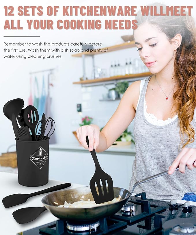 Pranski Kitchen Utensils Set-12 Pieces Silicone Cooking Utensils Set Dishwasher - Image 7