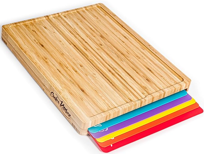 Bamboo Cutting Board Set with 6 Color Coded Mats with Food Icons, BPA-Free Non by CoolerKitchen
