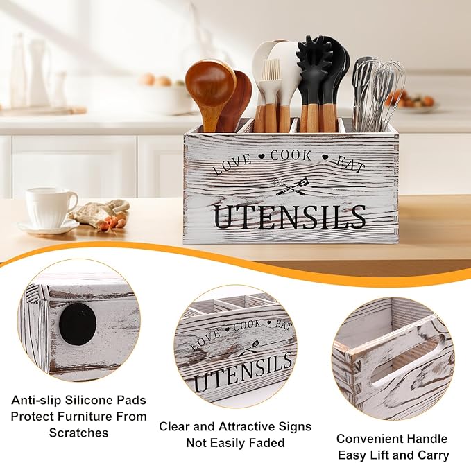 Rustic White Wooden Utensil Holder - Image 2