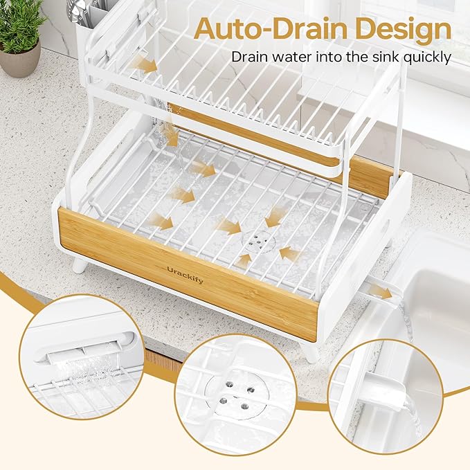 Urackify 2-Tier Dish Drying Rack, Large Stainless Steel & Bamboo Dish Rack - Image 3