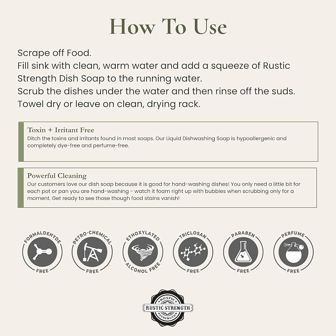 Rustic Strength Natural Dish Soap, Unscented, 64 oz Plastic | Plant-Based Concentrated Formula, Grease Cutting , Greywater and Septic Safe