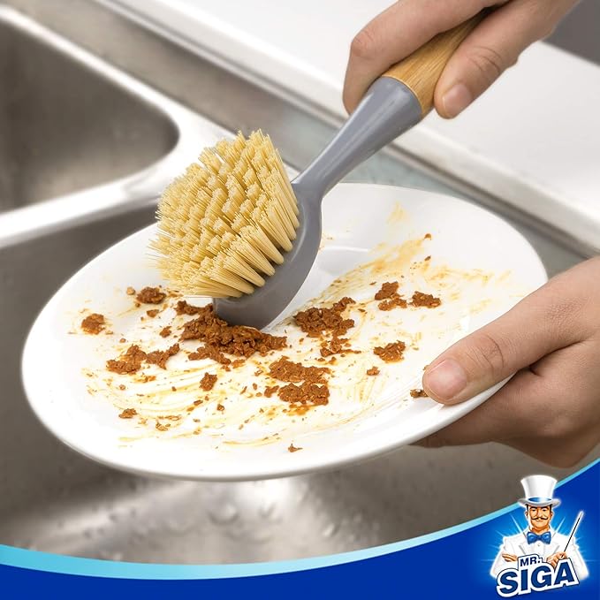 MR.SIGA Dish Brush with Bamboo Handle Built-in Scraper, Scrub Brush - Image 2