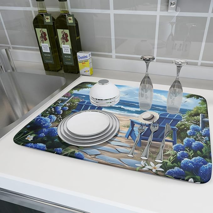 Summer Beach Dish Drying Mat 18x24 Inch Sea Shells Flowers Kitchen Mats Blue - Image 6