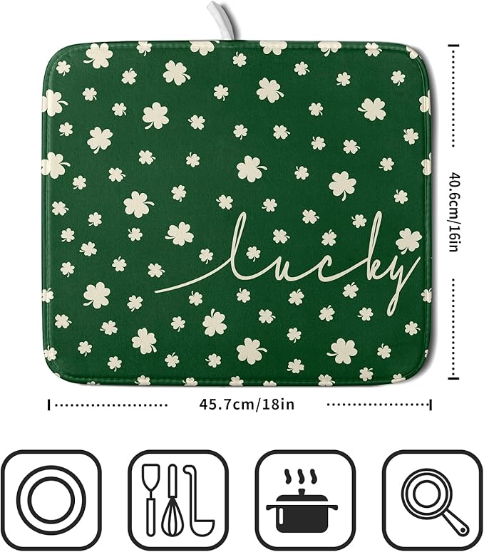 Giwawa St Patricks Day Dish Drying Mat Green Lucky Clovers Dish Drainer Mats - Image 2
