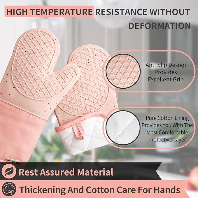 Pink Oven Mits, Heat Resistant, Non-Slip Grip Pattern, Baking Gloves - Image 3
