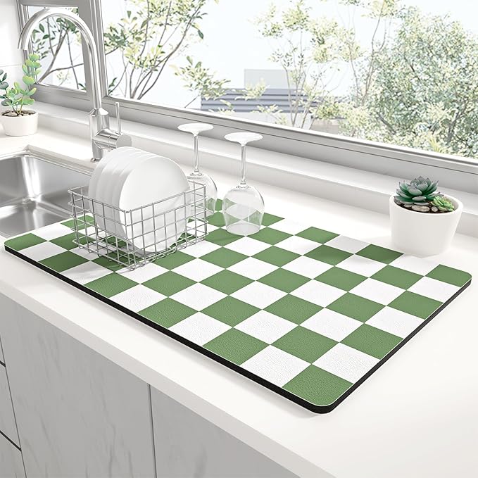 Rnivvi Dish Drying Mat for Kitchen Counter, 12 x 19" Cute Checkered Absorbent by Rnivvi