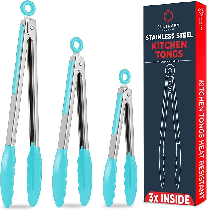 Kitchen Tongs with Silicone Tips Set of 3 Heat Resistant Tongs by CulinaryCouture