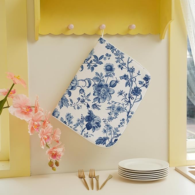 Vintage Blue Dish Drying Mat 18x24 Inch Chinoiserie Navy Blue Floral Drying Mat - Image 3