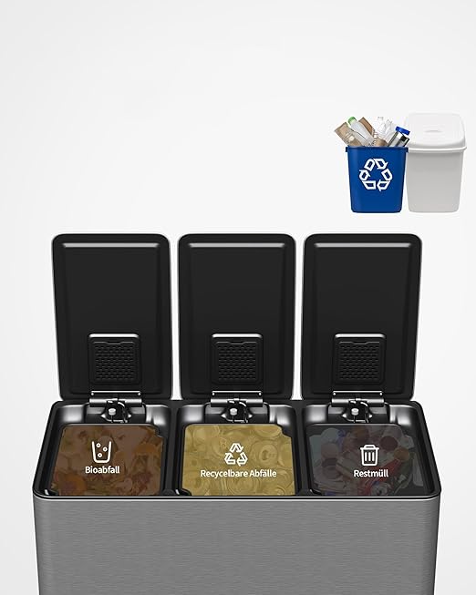 GarveeHome 3-in-1 Stainless Steel Recycling Trash Can, 3 x 4 Gallon Triple - Image 3