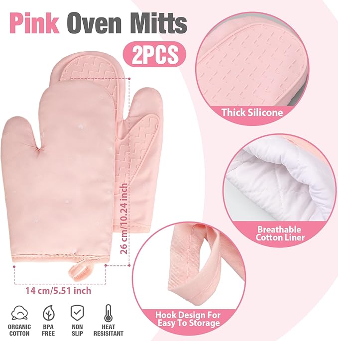 Sumind Pink Oven Mitts and Pot Holders 7 Sets, Heat Resistant Kitchen Gloves - Image 2