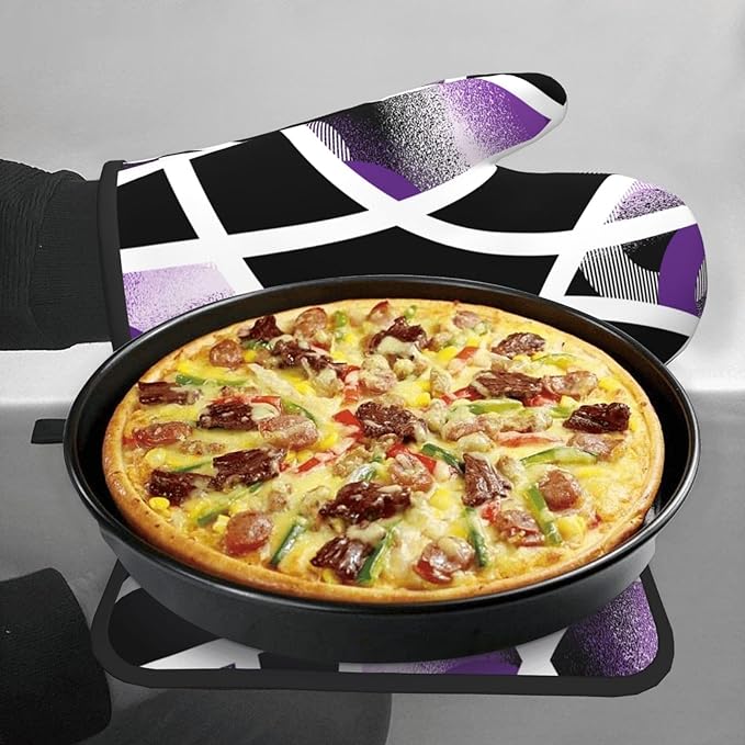 3-Piece Purple Black Abstract Geometric Oven Mitts and Pot Holders Set - Image 4