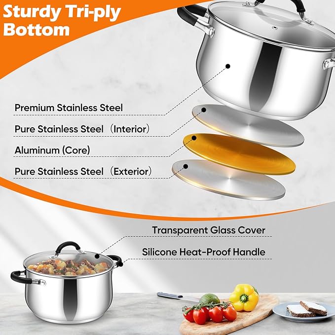 P&P CHEF Stainless Steel Stock Pot, 8 Qt Cooking Soup Pot - Image 3