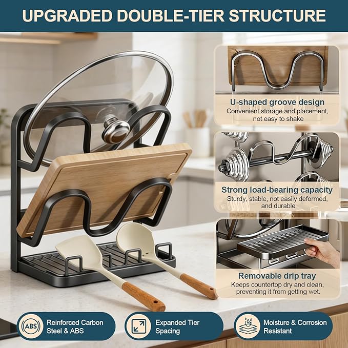 Kitchen Pot Lid Storage Rack: Carbon Steel Double-Layer Holder & Spoon Rest - Image 4