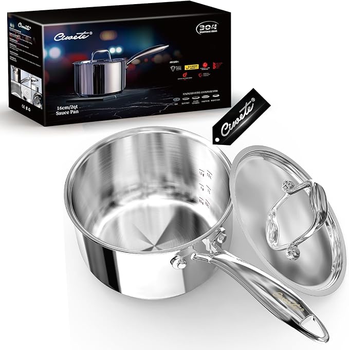 Ciwete 2 Quart Sauce Pan with Lid, Tri Ply Stainless Steel Saucepan 2 Qt with by Ciwete