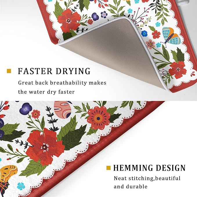 Large Microfiber Dish Drying Mat Red Floral Absorbent Drying Pad - Image 3