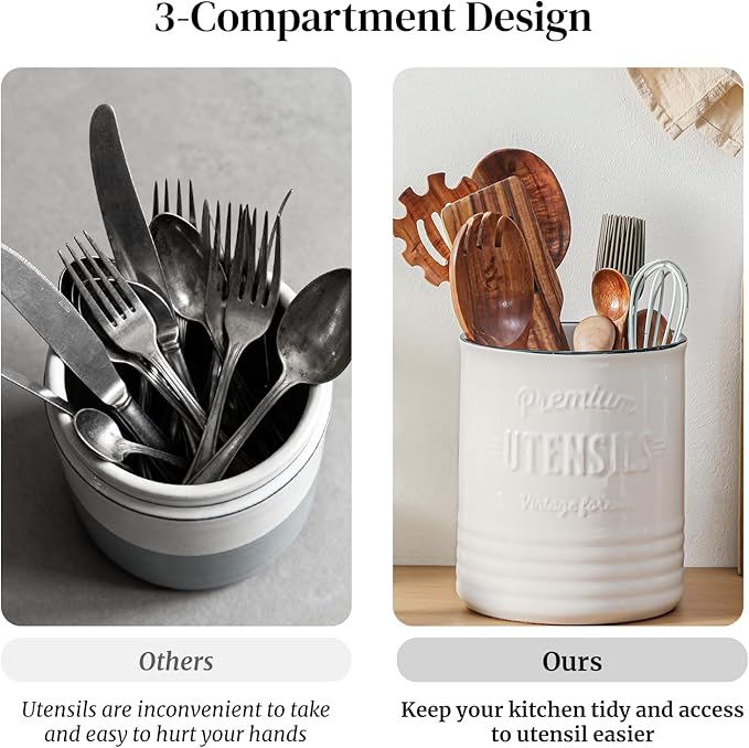 DOWAN 3 Compartment Kitchen Utensil Holder, 7.2″ Extra-Large Ceramic Stable - Image 5