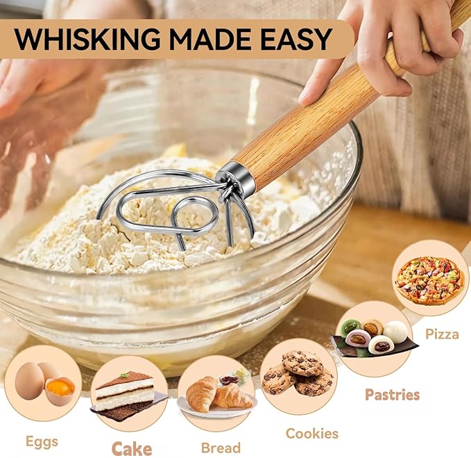 TEEVEA Danish Dough Whisk for Sourdough Bread, Wooden Handle Stainless Steel - Image 3