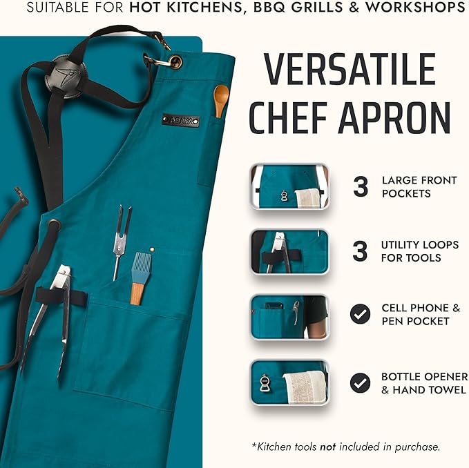 Asaya Chef and BBQ Apron with Bottle Opener and Hand Towel - 10oz Cotton Canvas - Image 2