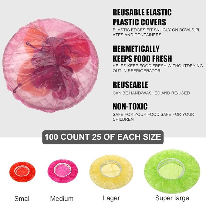 Boao 100 Pcs Reusable Bowl Covers 4 Size Plastic Color Elastic Wrap - Image 2