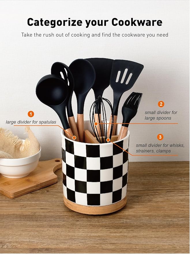 LoeJan 3 Compartment Utensil Holder, Extra Large Utensil Crock, Stable Ceramic - Image 2