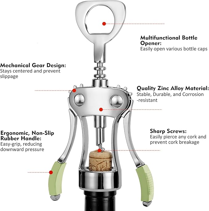 KORCCI Wine Opener, Heavy-Duty Zinc Alloy Wing Corkscrew, Premium Beer Bottle - Image 3
