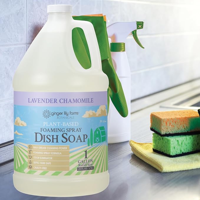 Ginger Lily Farms Botanicals Plant-Based Foaming Spray Dish Soap, Concentrated Formula with Max Grease Cleaning Power, Cruelty-Free, Lavender Chamomile Scent, 1 Gallon (Pack of 4)