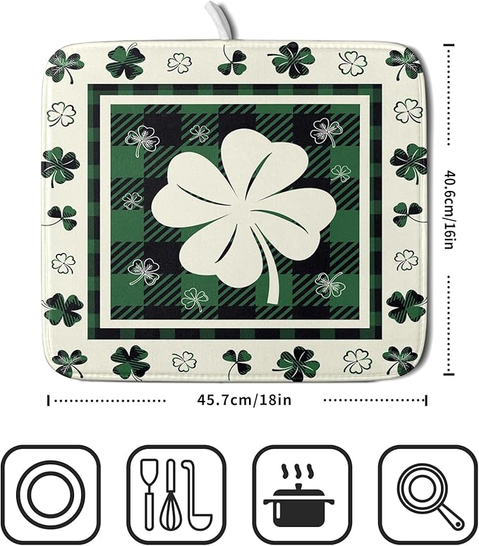 Giwawa Patrick Clovers Dish Drying Mat 16"x18" Lucky Shamrock Spring Leaf Dish - Image 2