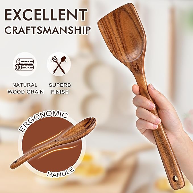 Wooden Spoons for Cooking, Comfortable Grip Wooden Utensil Set for Nonstick - Image 5