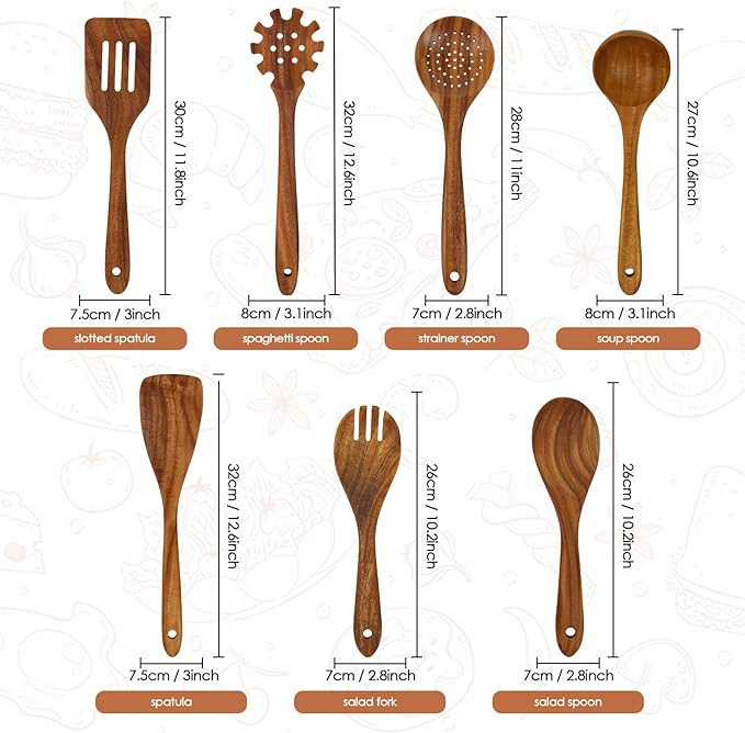 comfoyar Wooden Kitchen Cooking Utenails Set, 7 Pieces Natural Teak Wooden - Image 2