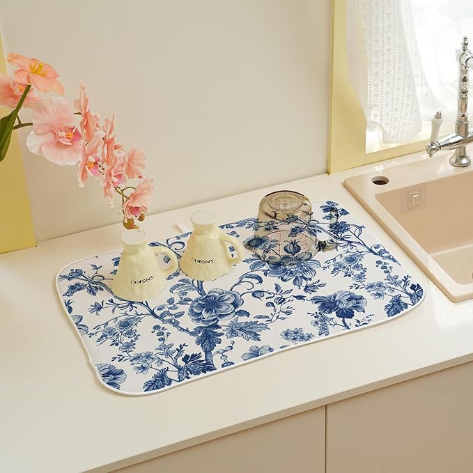 Vintage Blue Dish Drying Mat 18x24 Inch Chinoiserie Navy Blue Floral Drying Mat - Image 4