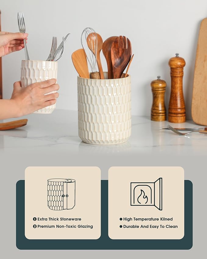 Utensil Holder, 7.5"+5.3" Ceramic Kitchen Utensil Holder - Image 7