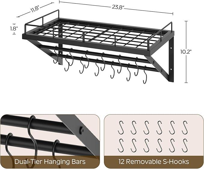 YATINEY Wall Mounted Pot Rack, 23.8 Inch Pot and Pan Organizer - Image 3