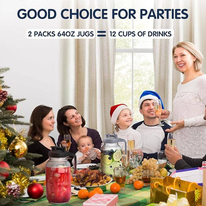 64OZ Glass Pitchers with Lid, Wide Mouth Water Jugs, Leak-Proof Airtight Mason - Image 6