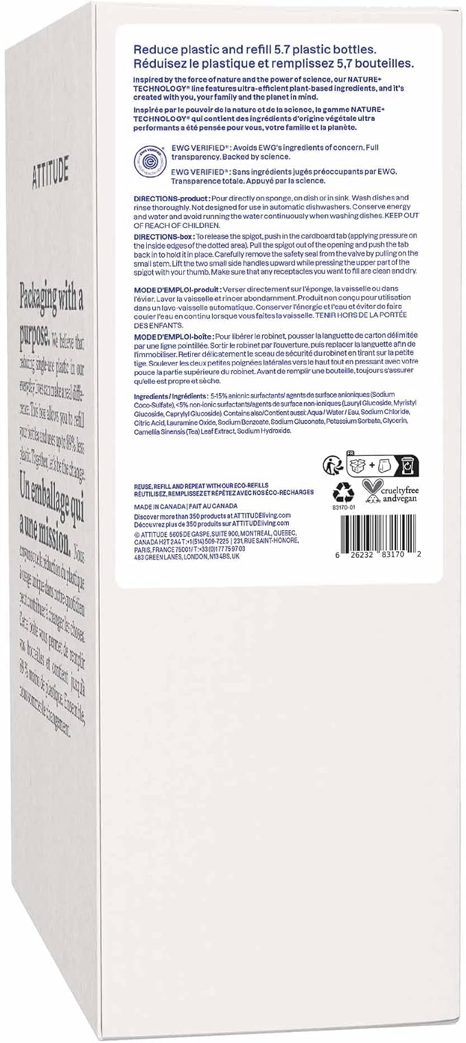 ATTITUDE Dish Soap Refill, EWG Verified, Plant-Based & Vegan Dishwashing Liquid, Naturally Derived, Unscented, Bulk Refill, 135.26 Fl Oz