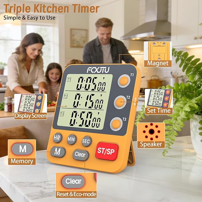 Digital Dual Triple Kitchen Timer, 3-Channel Magnetic Countdown Timer - Image 3