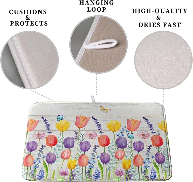 Tulip Floral Dish Drying Mat for Kitchen Counter Watercolor Spring Flower Dish - Image 3