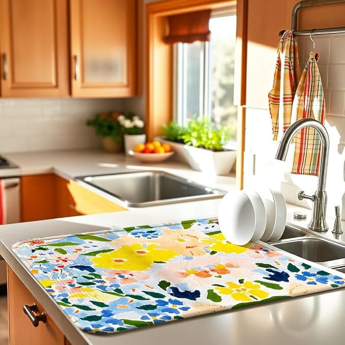 Blue and Yellow Floral Large Dish Drying Mats, Reversible Dish Drying Pads - Image 2