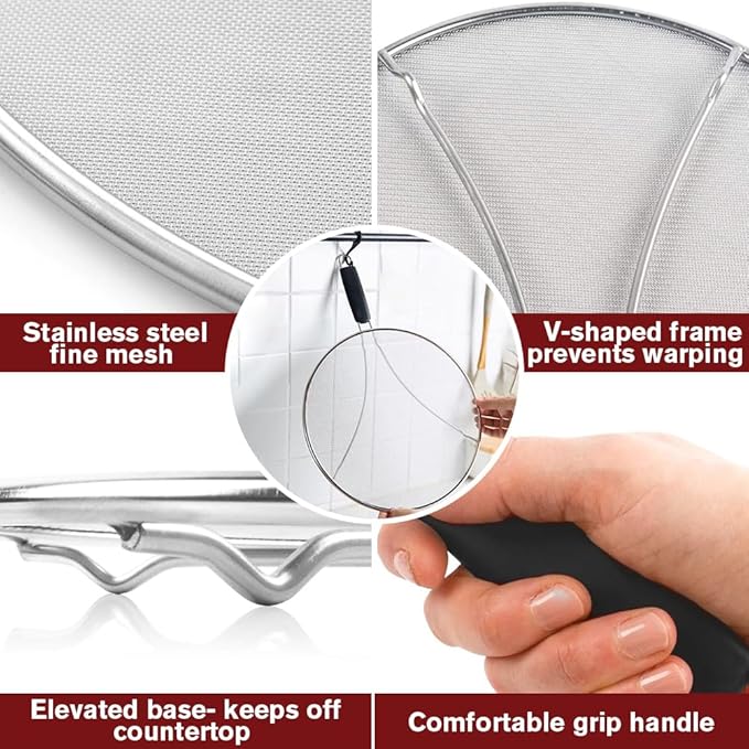 Splatter Screen for Frying Pan & Food Strainer, 13 Inch Stainless Steel Grease - Image 5