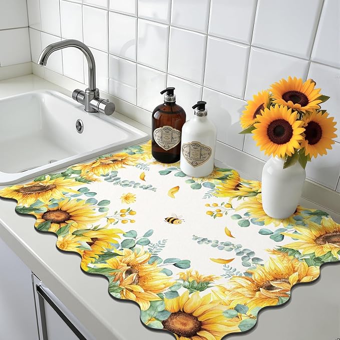 LOKHOM Scalloped Floral Dish Drying Mat, Cuttable Hide Stain Non-slip Drying Mat - Image 9
